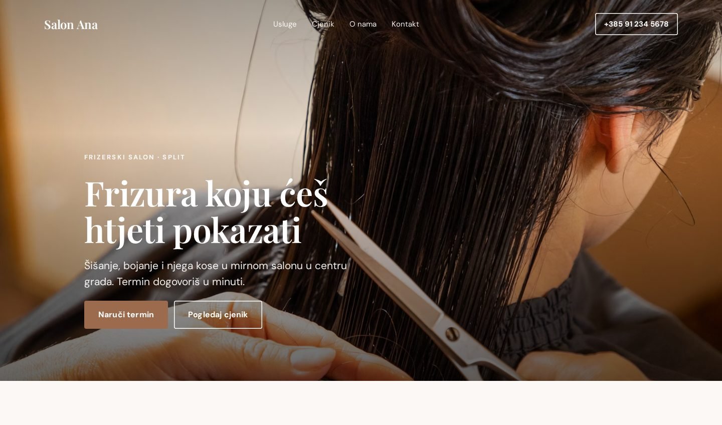 Stranica frizerskog salona napravljena u Craftlyju